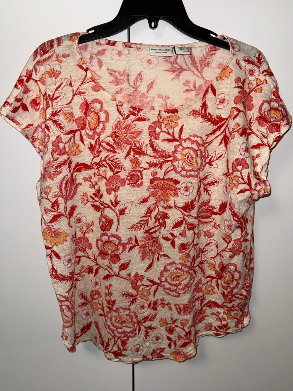Rachel Zoe linen Short Sleeve Tee Red Orange Floral Print XL cottage romantic